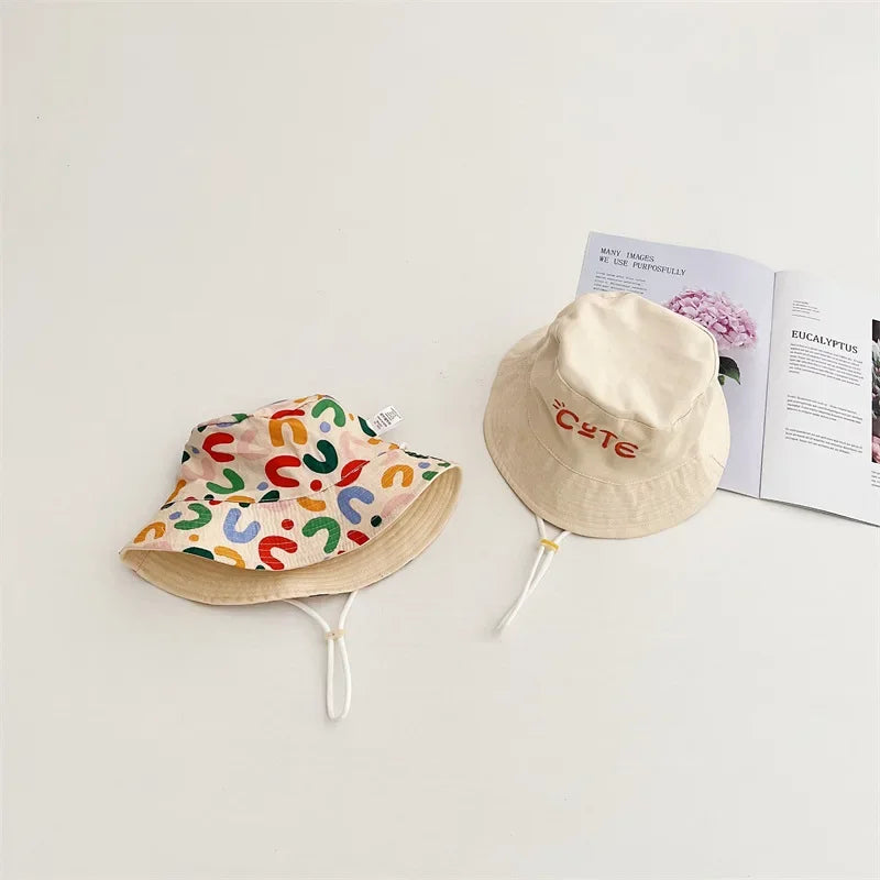 Double Sided Baby Bucket Hat with String Letter Embroidered Boys Girls Fisherman Cap Spring Summer Outdoor Kids Sun Hat