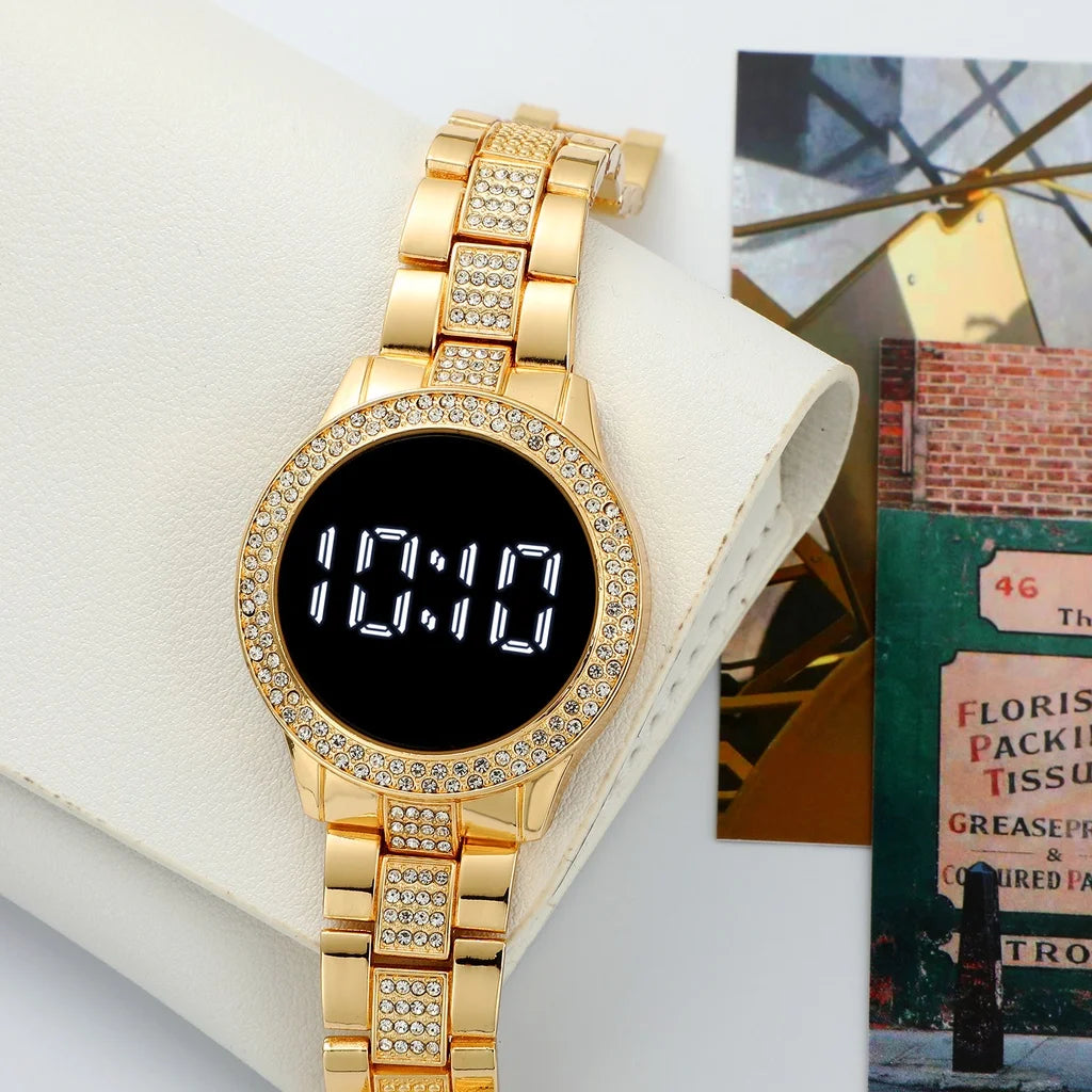 Kegllect LED Large Screen Diamond Inlaid Women's Watch Round Steel Band Electronic Watches