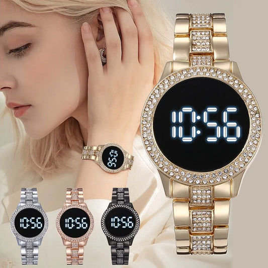 Kegllect LED Large Screen Diamond Inlaid Women's Watch Round Steel Band Electronic Watches