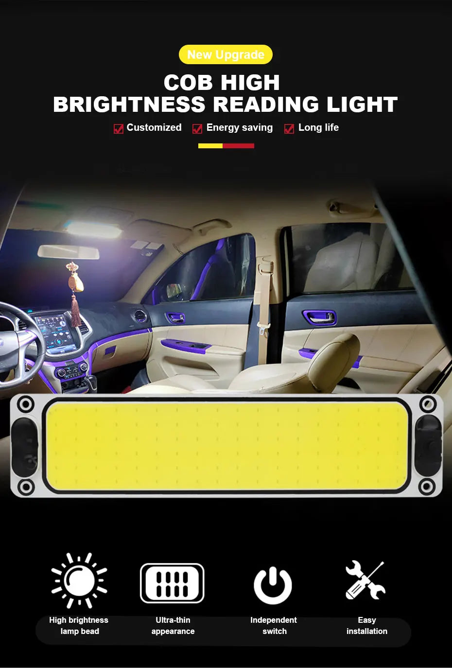 BLALION LED Car COB Light Interior Readling Lamp for Truck Van Boat Dome Lights High Brightness Panel Bulb with Switch 12V-24V