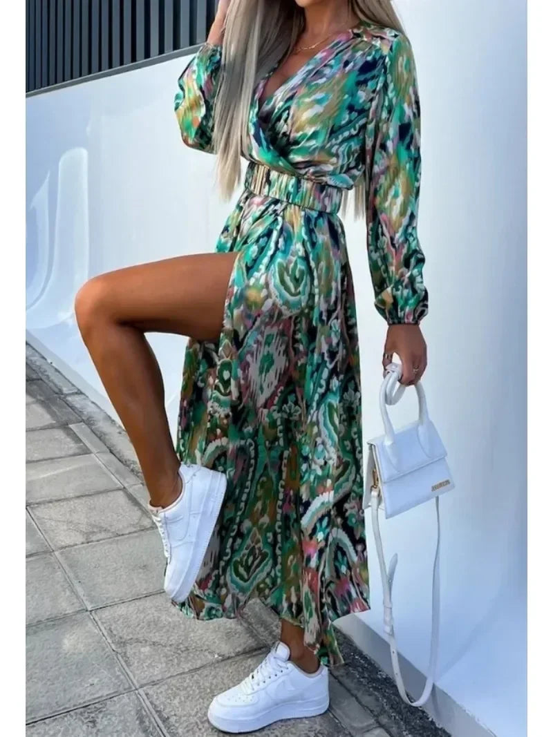 Women's Spring/Summer Dress Fashionable Colorful Printed V-neck Long Sleeved Elegant Dress Casual Belt Holiday Dress