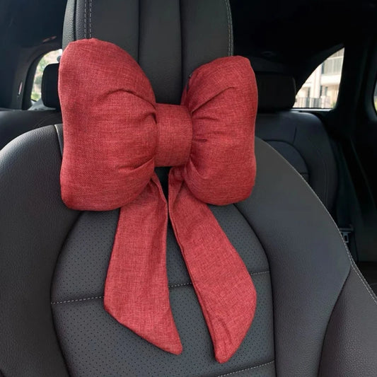 Fashion car headrest with bows cotton and linen pillow suitable for plaid's road trips and cute interior decorations
