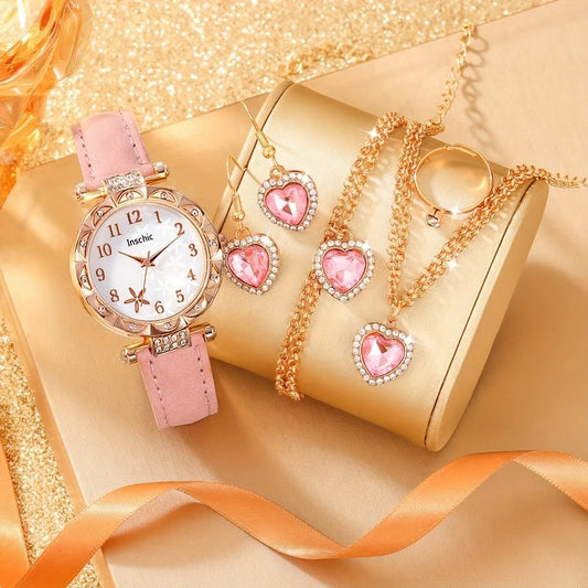 6pcs/set Women's Round Dial Watch Rhinestone   Starfish Pattern Pink Belt Quartz   Heart-shaped Jewelry Set