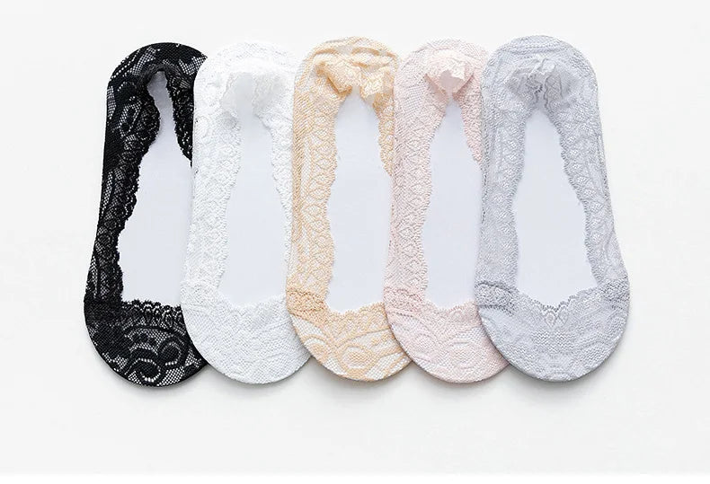 Socks For Women Summer Thin Fashion Lace Flower Invisible No Show Short Antiskid Ankle Socks Soft Boat Sock 5 Pairs