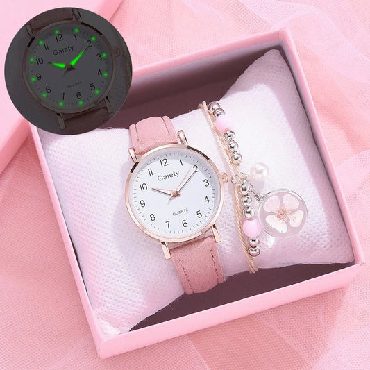 Women's Fashion Simple Glow Leather Watch Strap Quartz Watches Free Two Piece Bracelet Set No Box