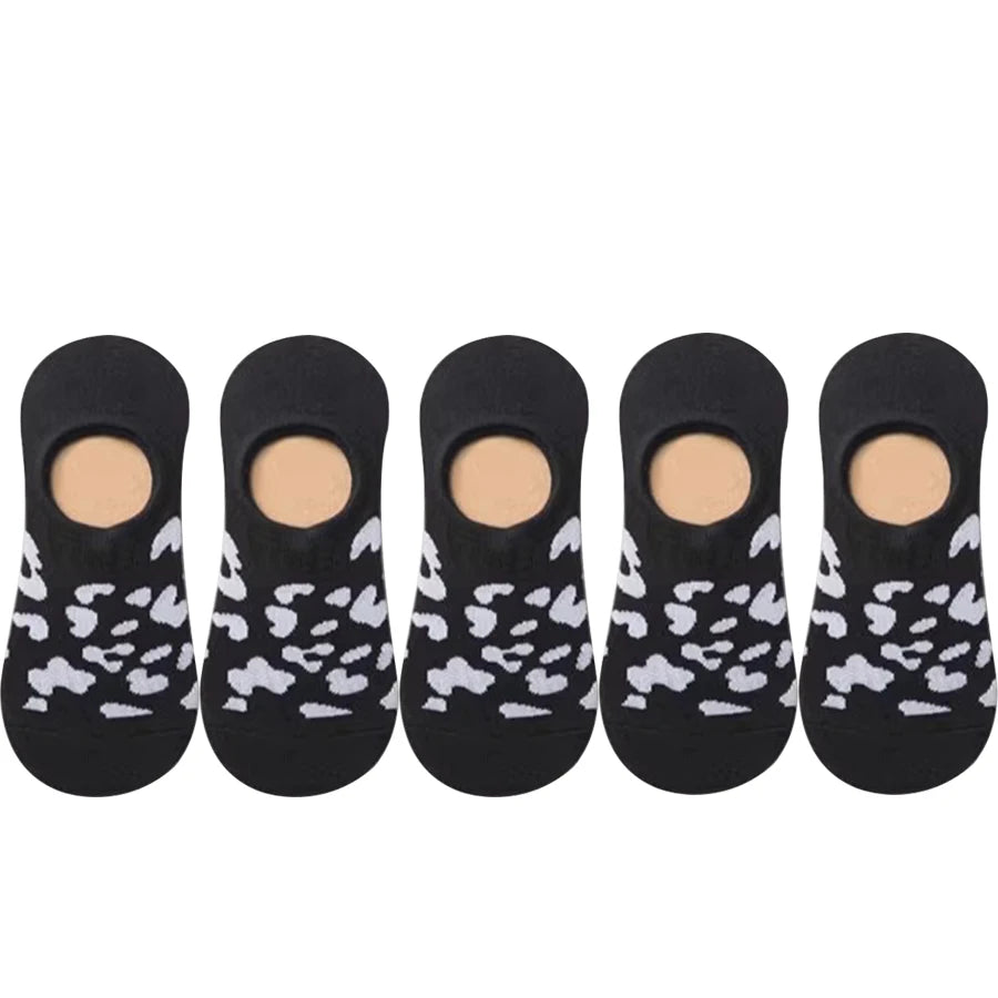 5 Pairs Women Invisible Boat Socks Spring Summer Leopard Print Fashion Wild Shallow Mouth Felmen Slipper Sock