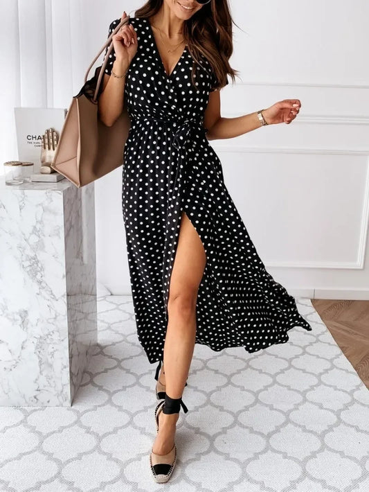 Women's Summer Short Sleeved V-neck and Ankle Skirt Bohemian Polka Dot Printed Dress Long Skirt