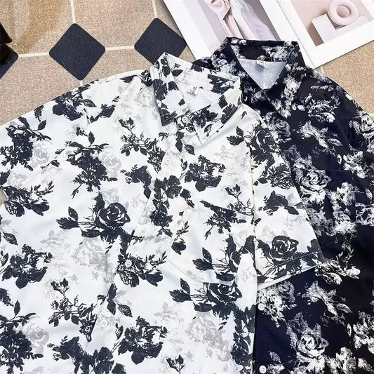 New Chinese ink painting full printed short sleeved shirt for men's summer casual wear with a sense of luxury, retro five quarte