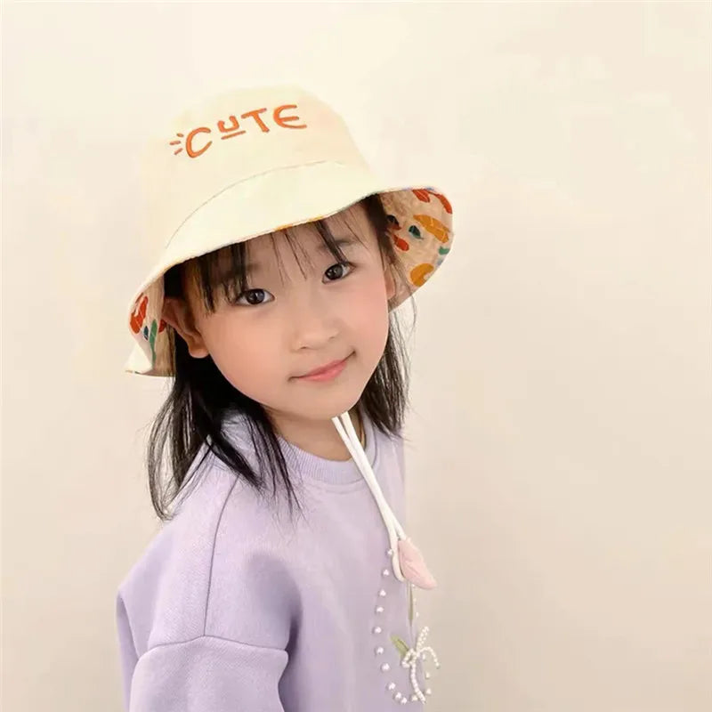 Double Sided Baby Bucket Hat with String Letter Embroidered Boys Girls Fisherman Cap Spring Summer Outdoor Kids Sun Hat