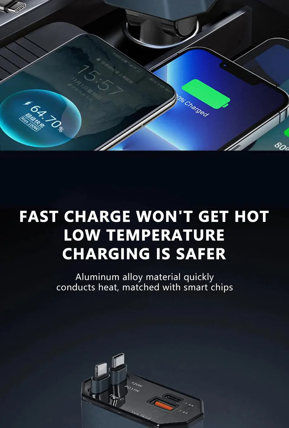 BLALION 4in1 120W Car Fast Charger Retractable USB Type C Cable For IPhone Xiaomi Huawei Samsung Car Cigarette Lighter Adapter