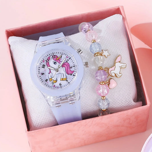 1/2pcs/set, 1pc Girls Light LED Luminous Cartoon Unicorn Quartz Wristwatch & 1pc Beaded Bracelet, Ideal choice for Gifts