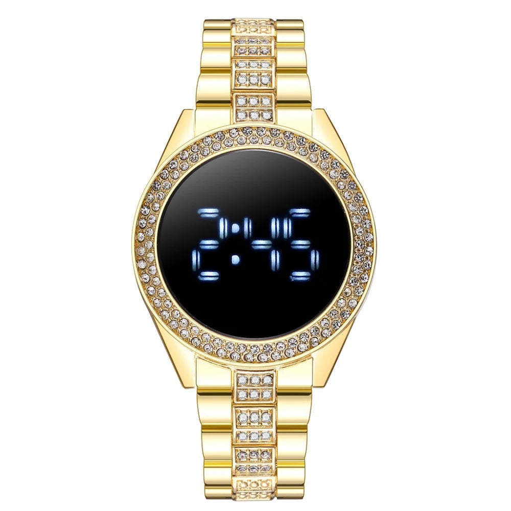 Kegllect LED Large Screen Diamond Inlaid Women's Watch Round Steel Band Electronic Watches