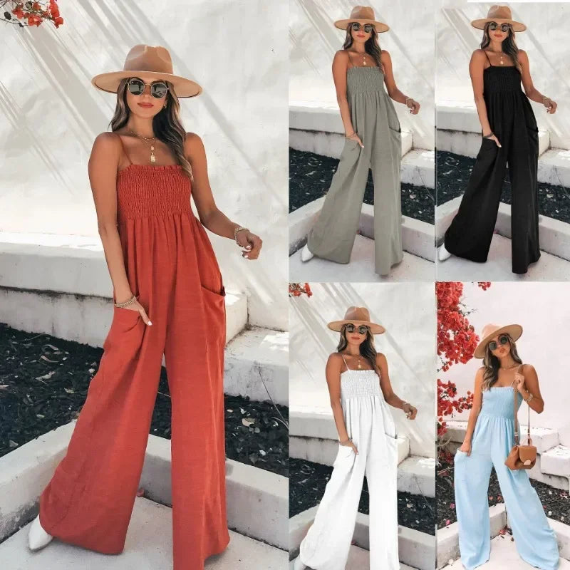 New Fashionable European and American Spring/summer Sexy Camisole Loose Casual Jumpsuit INS Vacation Wide Leg Jumpsuit