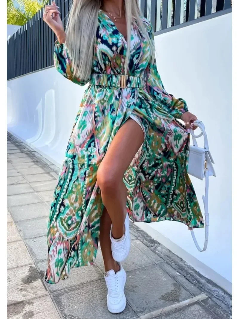 Women's Spring/Summer Dress Fashionable Colorful Printed V-neck Long Sleeved Elegant Dress Casual Belt Holiday Dress