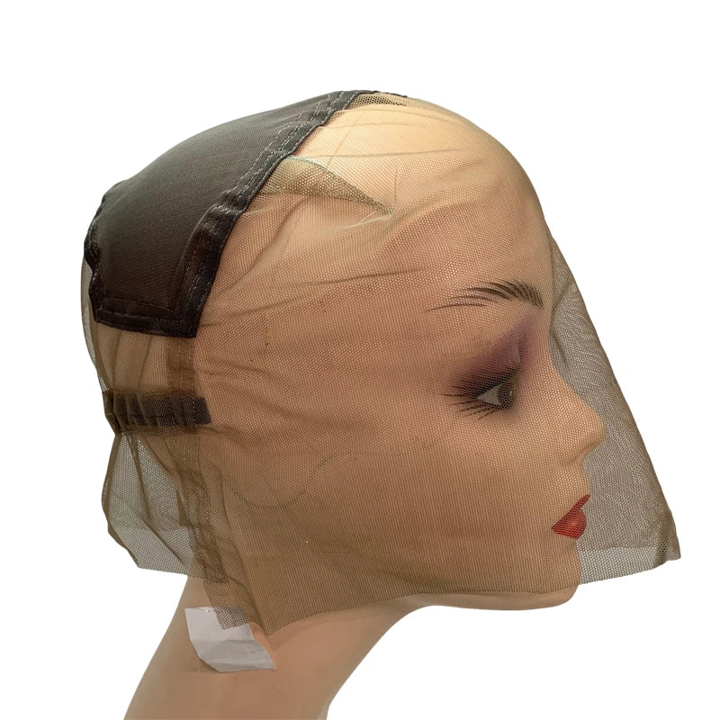 Adjustable Full Lace Wig Cap Brown/Beige with Stretch Straps Guide Line Customizable Wig Making Base for Hair Extension Projects