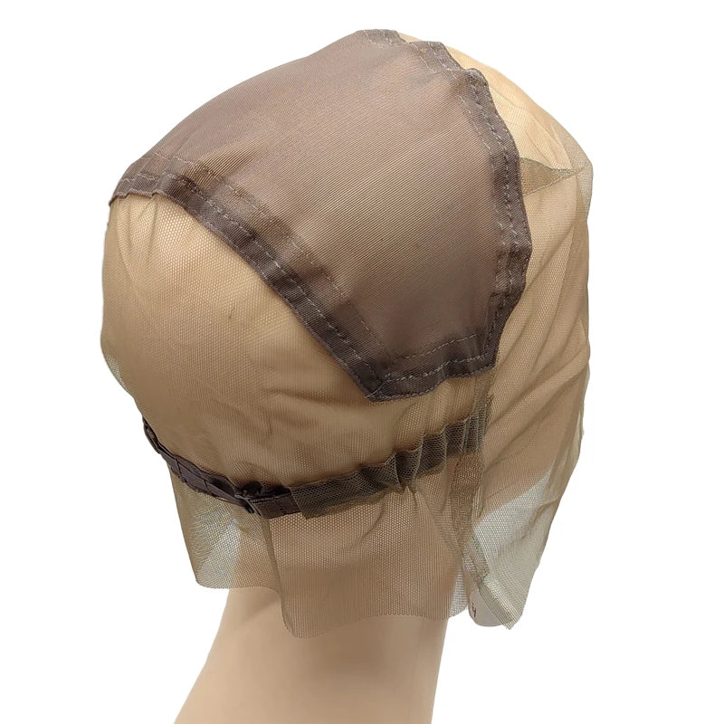 Adjustable Full Lace Wig Cap Brown/Beige with Stretch Straps Guide Line Customizable Wig Making Base for Hair Extension Projects