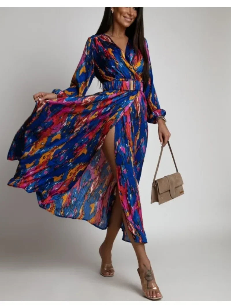 Women's Spring/Summer Dress Fashionable Colorful Printed V-neck Long Sleeved Elegant Dress Casual Belt Holiday Dress