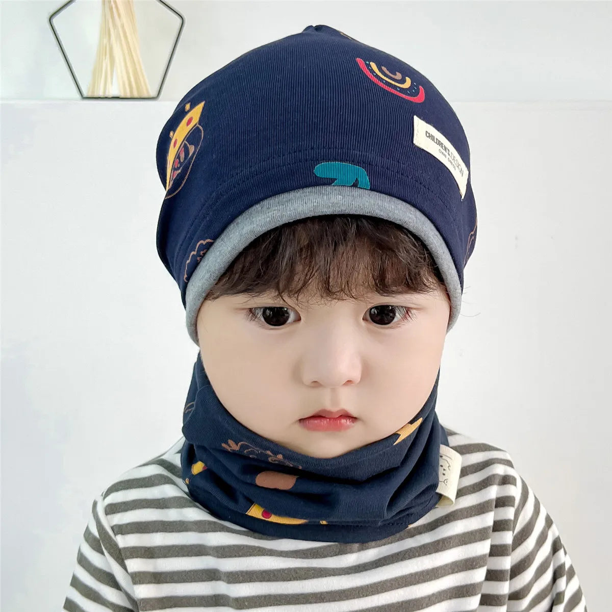 New Good Cotton Baby Hat Scarf Panda Spacecraft Autumn Winter Hat for Boys Warm Children Beanies Baby Neck Scarf Kids Skull Cap