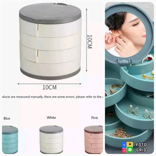 Four Layered Rotating Accessories Storage Box, 360 Degree Rotating Earring Storage with Mirror, Travel Jewellery Box